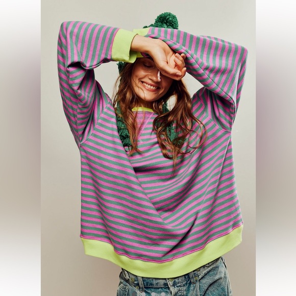 Free People Tops - Free People Classic Striped Oversized Crew Pink Combo xs